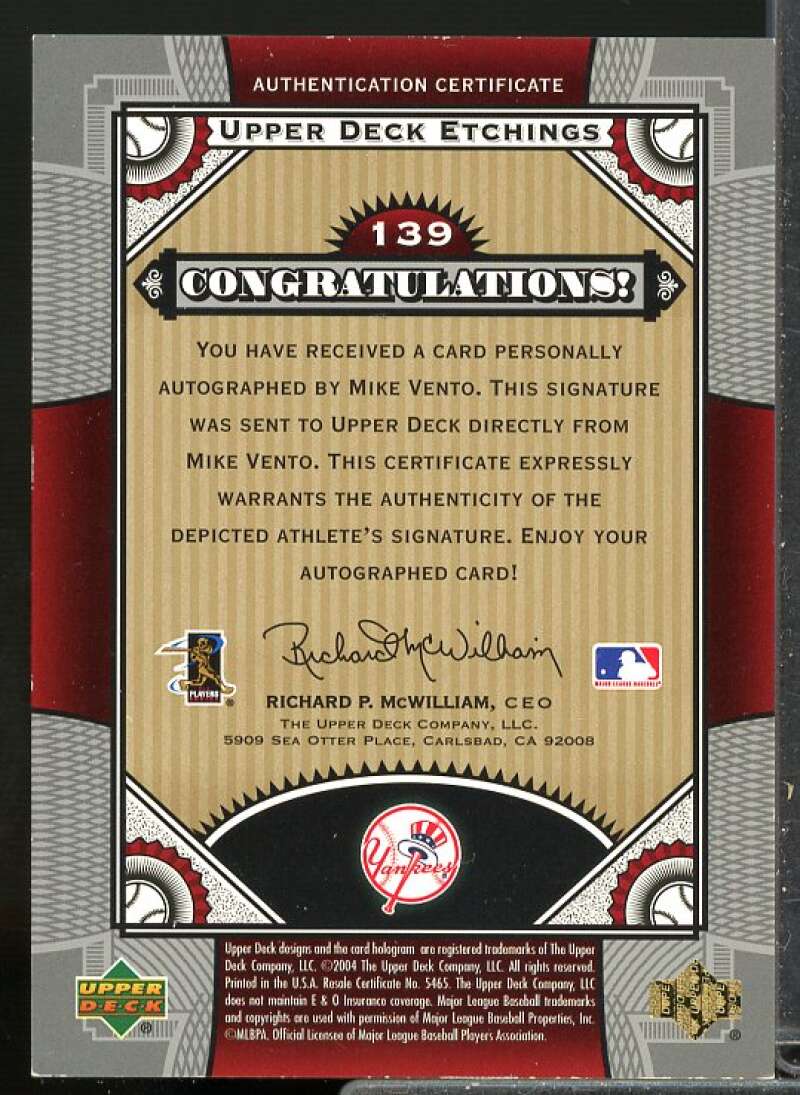 Mike Vento FE Rookie Card 2004 Upper Deck Etchings Blue Ink Auto #139  Image 2