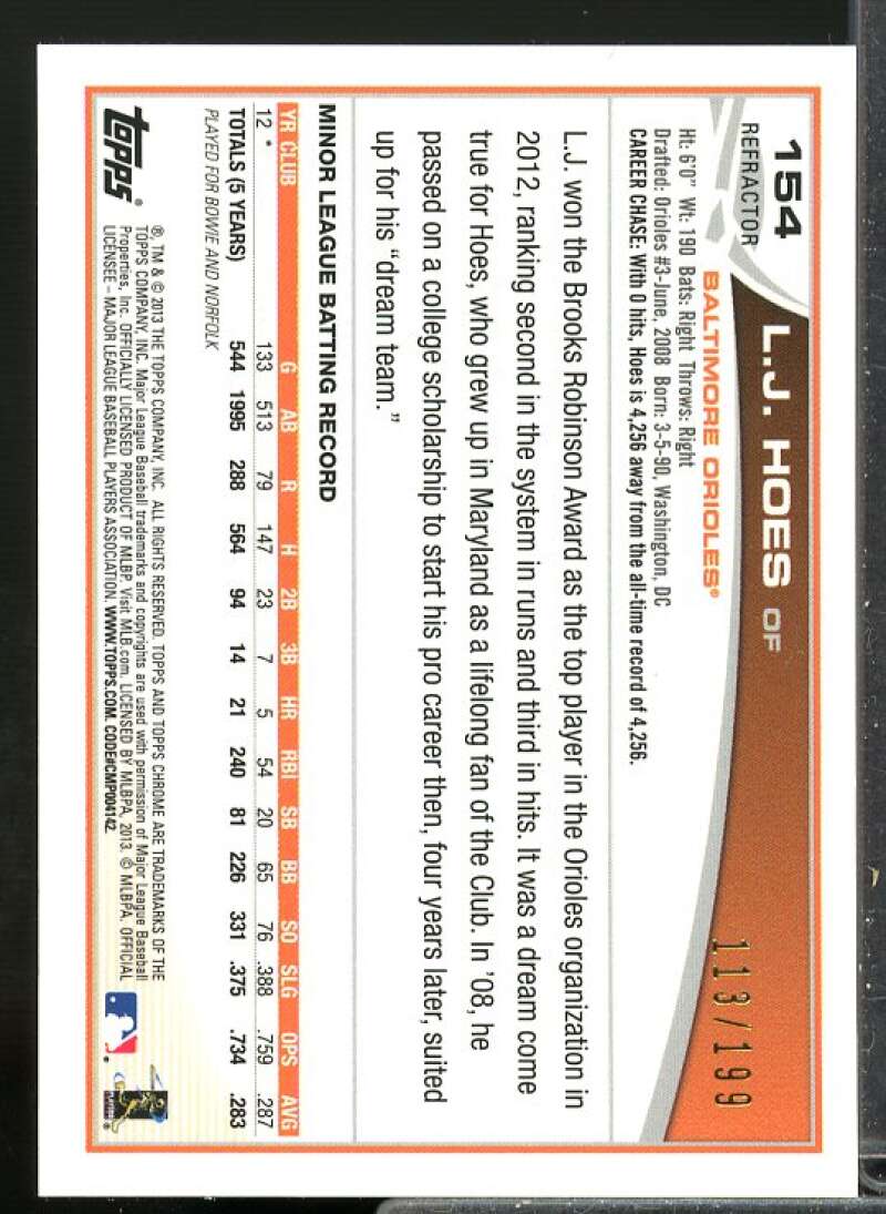 L.J. Hoes Rookie Card 2013 Topps Chrome Rookie Autographs Blue Refractors #154  Image 2