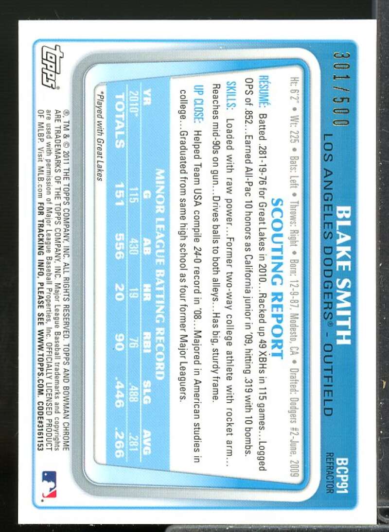 Blake Smith Rookie 2011 Bowman Chrome Prospect Autographs Refractors #BCP91  Image 2