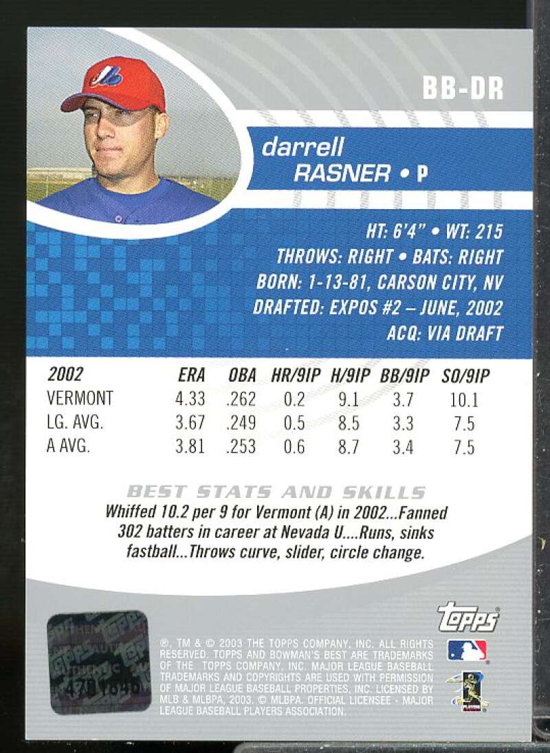 Darrell Rasner FY AU Rookie Card 2003 Bowman's Best Rookie Auto #DR  Image 2