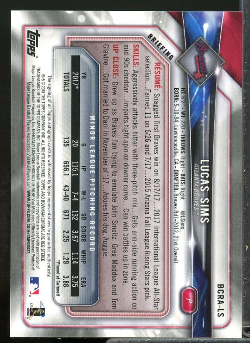 Lucas Sims Rookie Card 2018 Bowman Chrome Rookie Autographs #BCRALS  Image 2