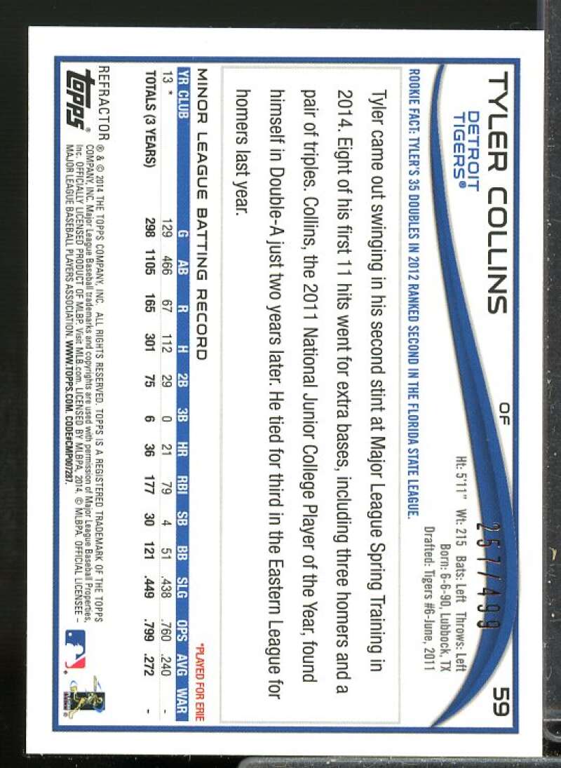 Tyler Collins Rookie Card 2014 Topps Chrome Rookie Autographs Refractors #59  Image 2