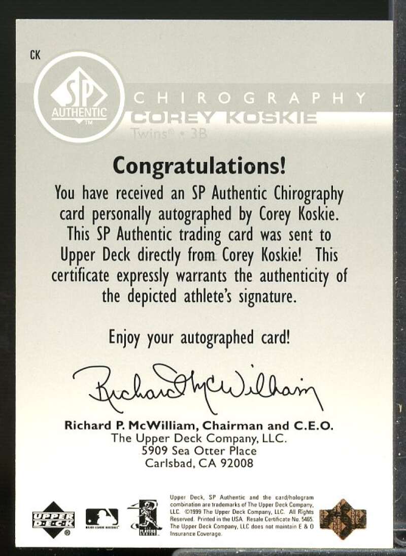 Corey Koskie Rookie Card 1999 SP Authentic Chirography Autograph #CK  Image 2
