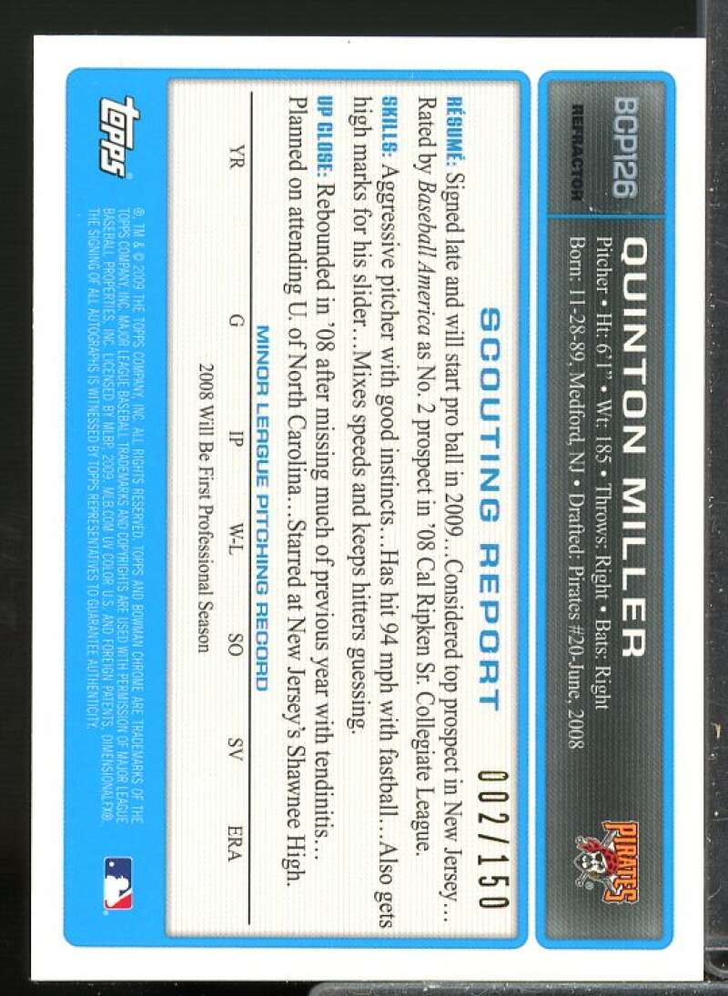 Quinton Miller 2009 Bowman Chrome Prospects Blue Refractors Autographs #BCP126  Image 2