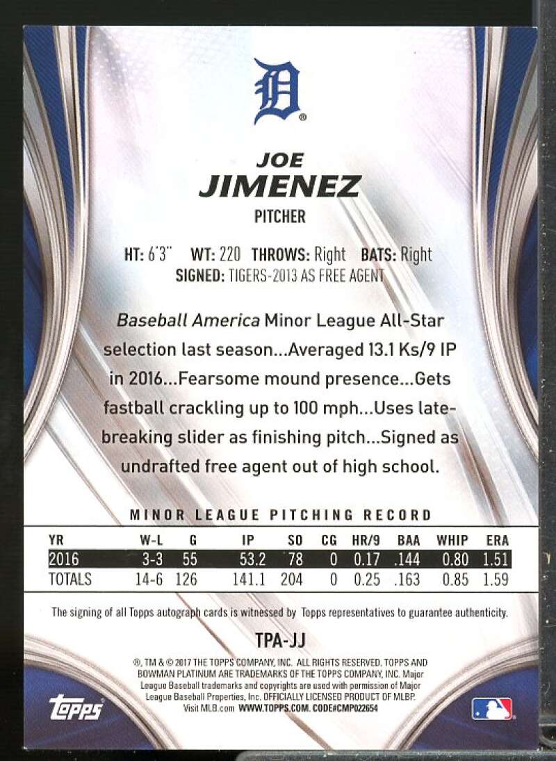 Joe Jimenez Rookie 2017 Bowman Platinum Top Prospects Autographs Purple #TPJJ  Image 2