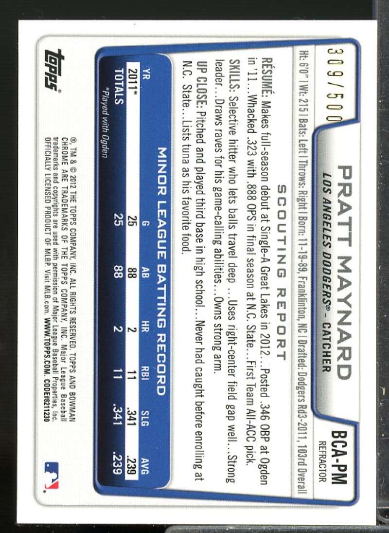 Pratt Maynard Rookie Card 2012 Bowman Chrome Prospect Autographs Refractors #PM  Image 2