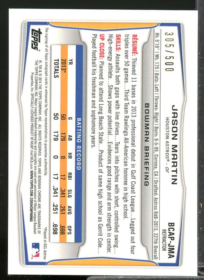 Jason Martin Rookie 2014 Bowman Chrome Prospect Autographs Refractors #BCAPJMA  Image 2