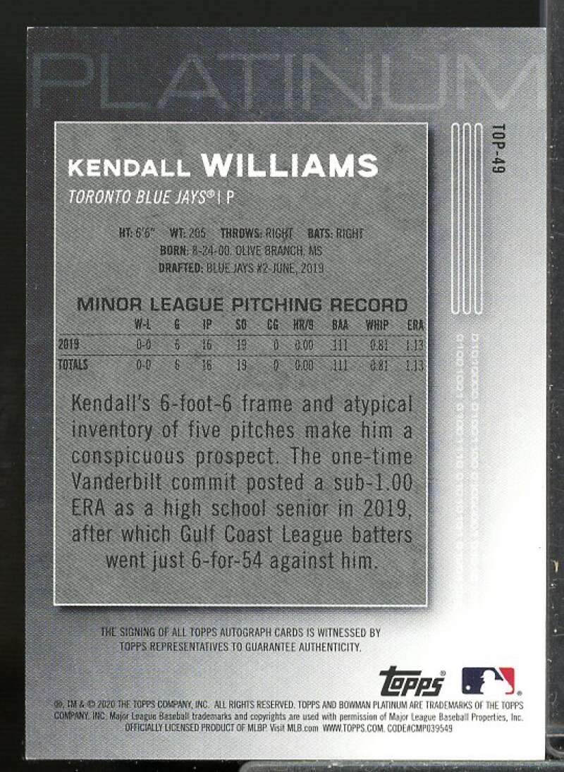 Kendall Williams Rookie 2020 Bowman Platinum Top Prospect Autograph Blue #TOP49  Image 2