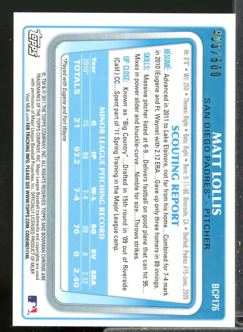 Matt Lollis Card 2011 Bowman Chrome Prospect Autographs Refractors #BCP176  Image 2