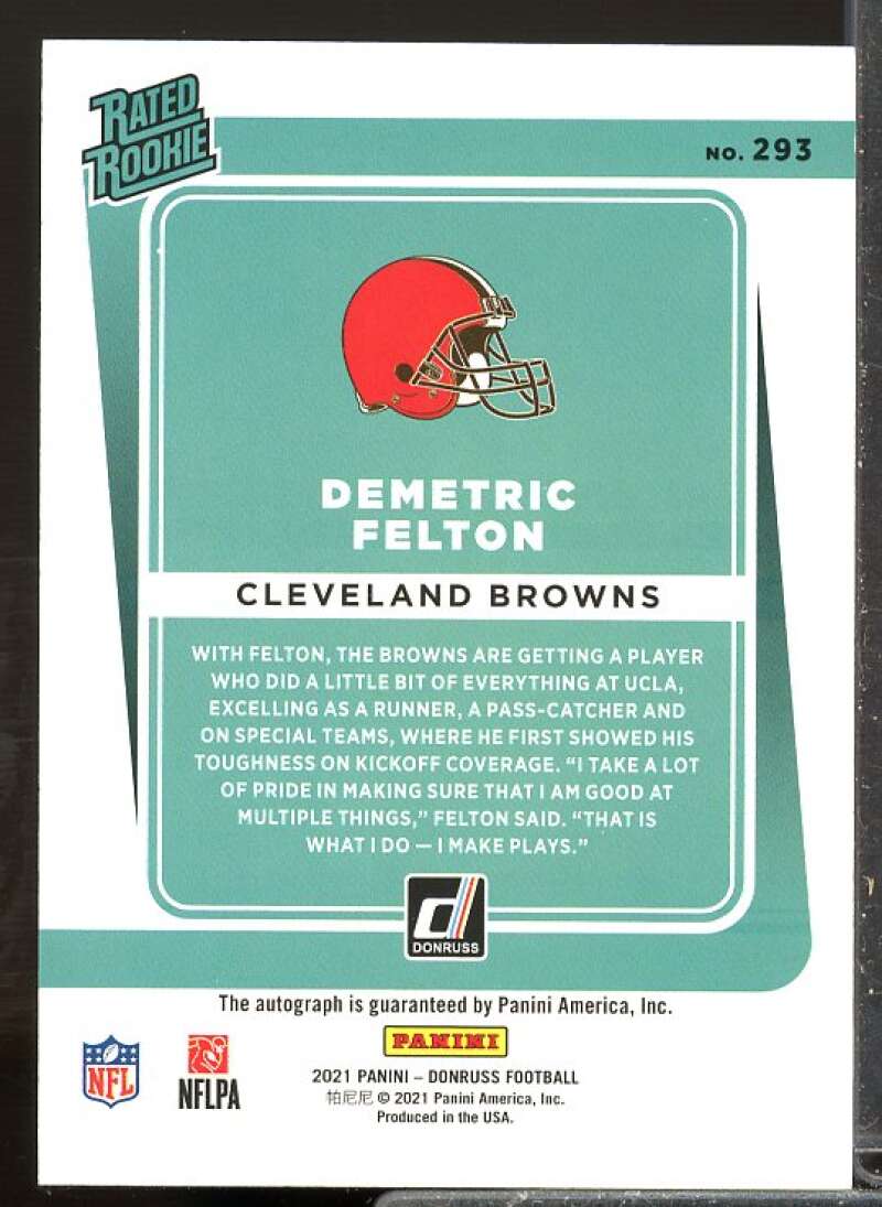 Demetric Felton Rookie Card 2021 Donruss Rated Rookies Autographs Blue #293  Image 2