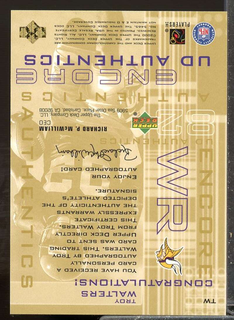 Troy Walters Card 2000 Upper Deck Encore UD Authentics Autographs #TW  Image 2