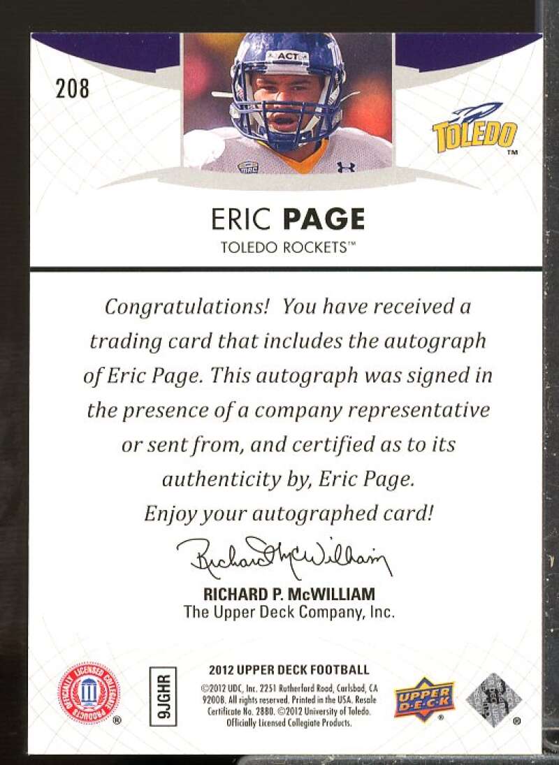Eric Page Rookie Card 2012 Upper Deck Rookie Autographs #208  Image 2