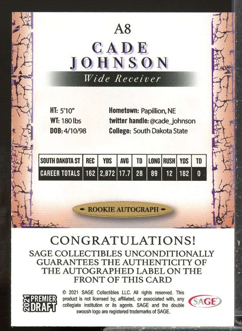 Cade Johnson Rookie Card 2021 SAGE HIT Autographs Gold #A8  Image 2