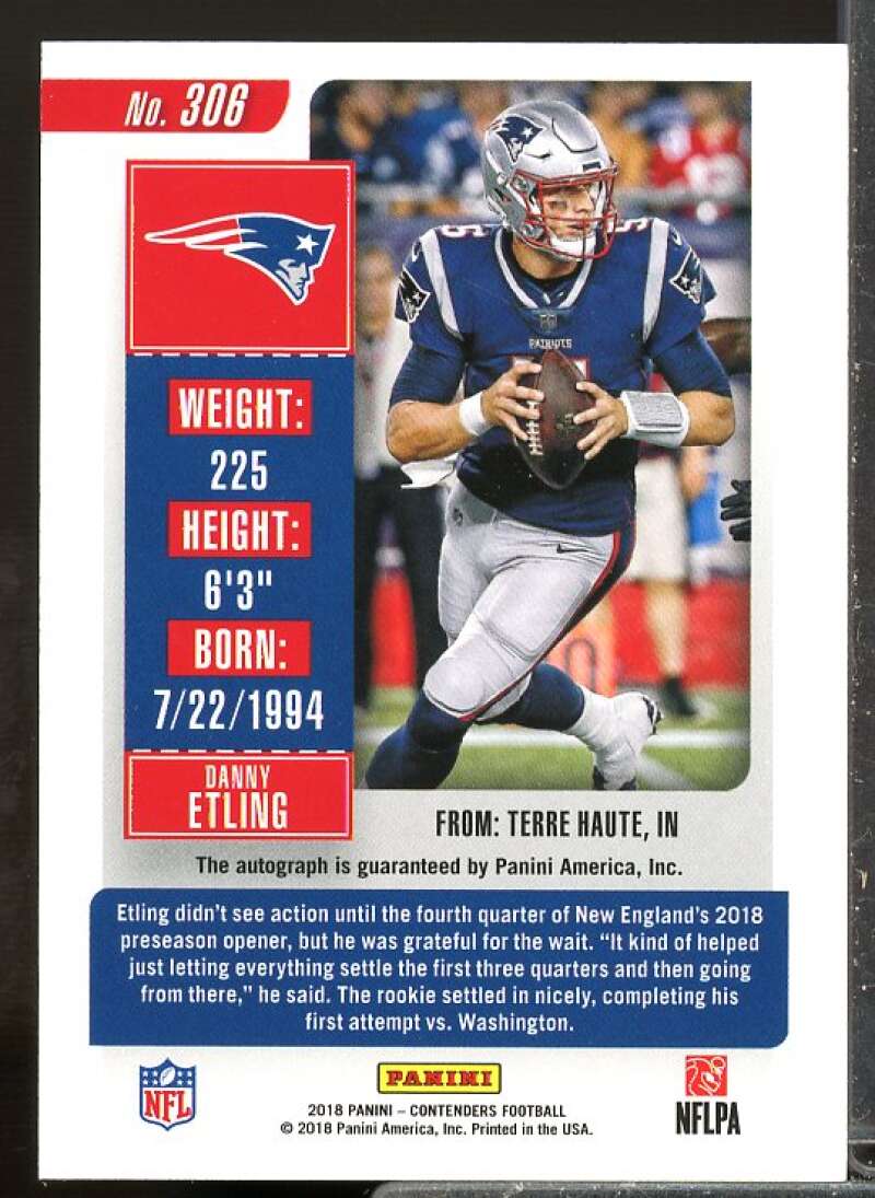 Danny Etling Rookie Card 2018 Panini Contenders Rookie Autograph #306  Image 2