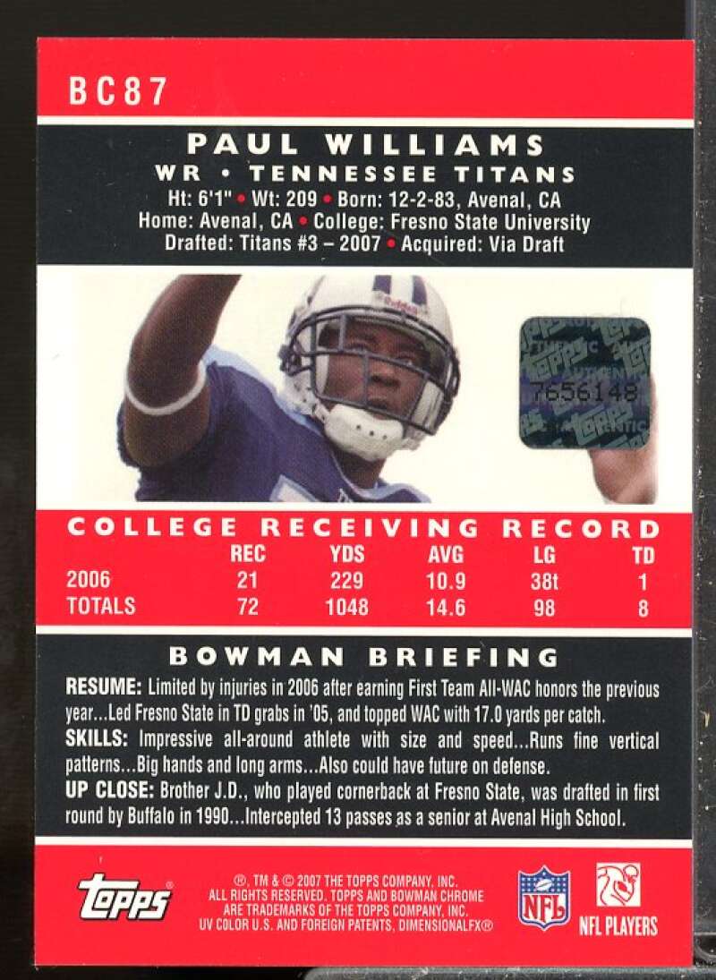 Paul Williams I Rookie Card 2007 Bowman Chrome Rookie Autographs #BC87  Image 2