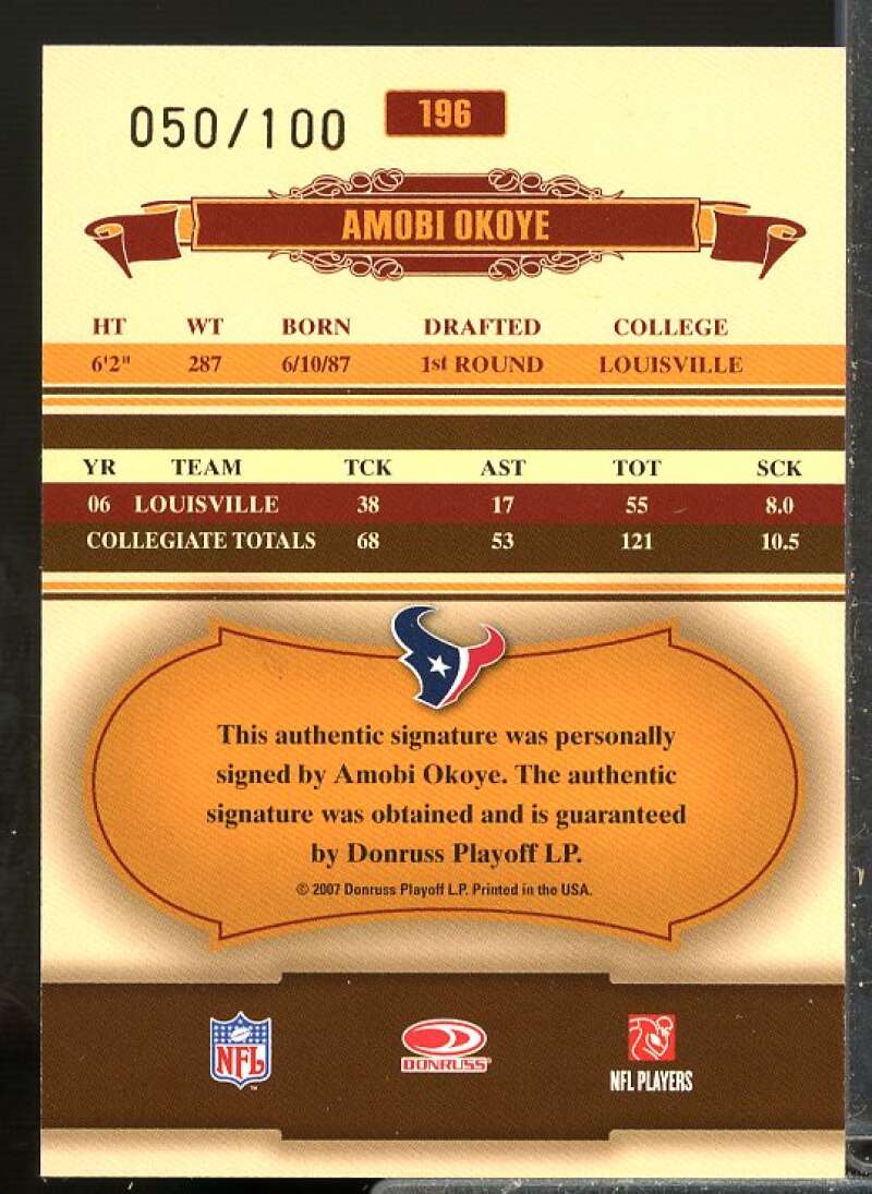 Amobi Okoye Rookie 2007 Donruss Classic Rookie Significant Signatures Gold #196  Image 2