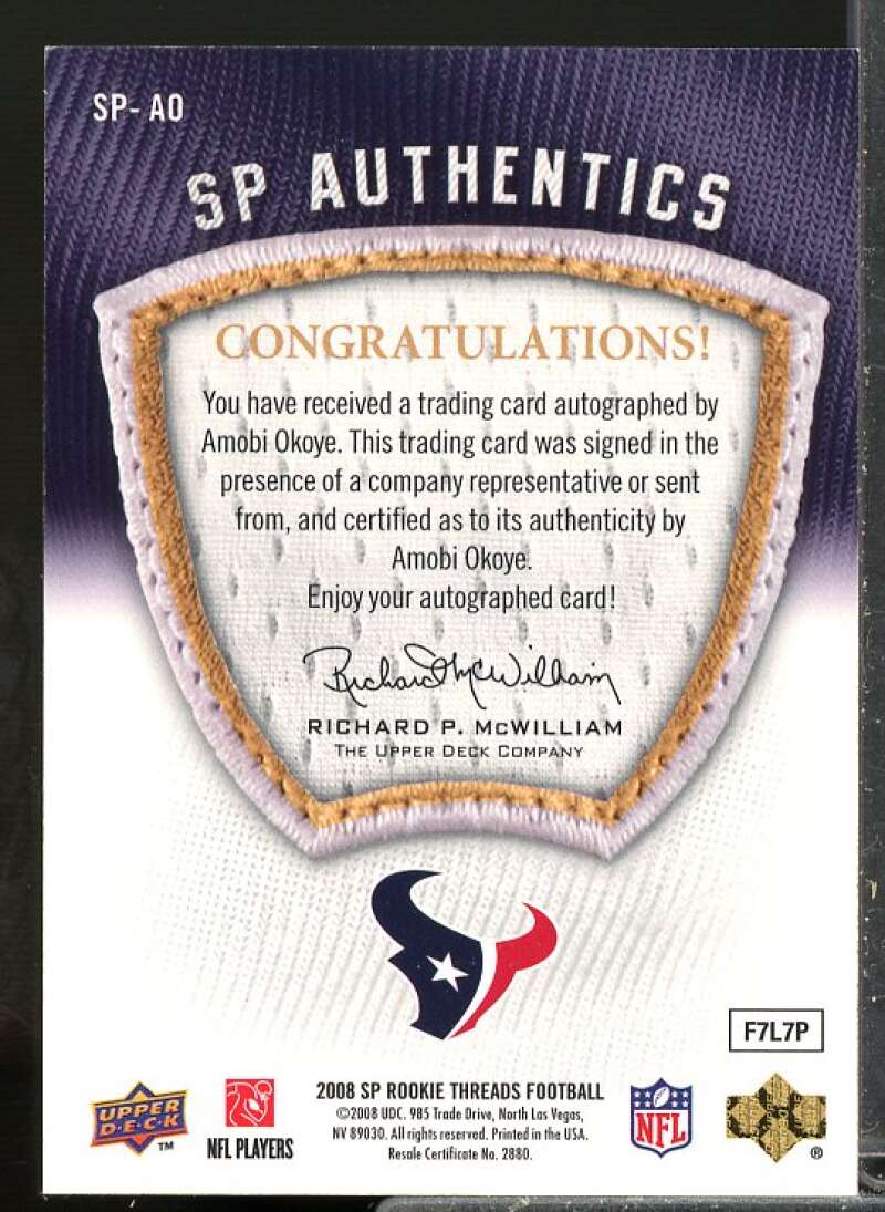 Amobi Okoye/240 Rookie 2008 SP Rookie Threads SP Authentics Autograph #SPAO  Image 2