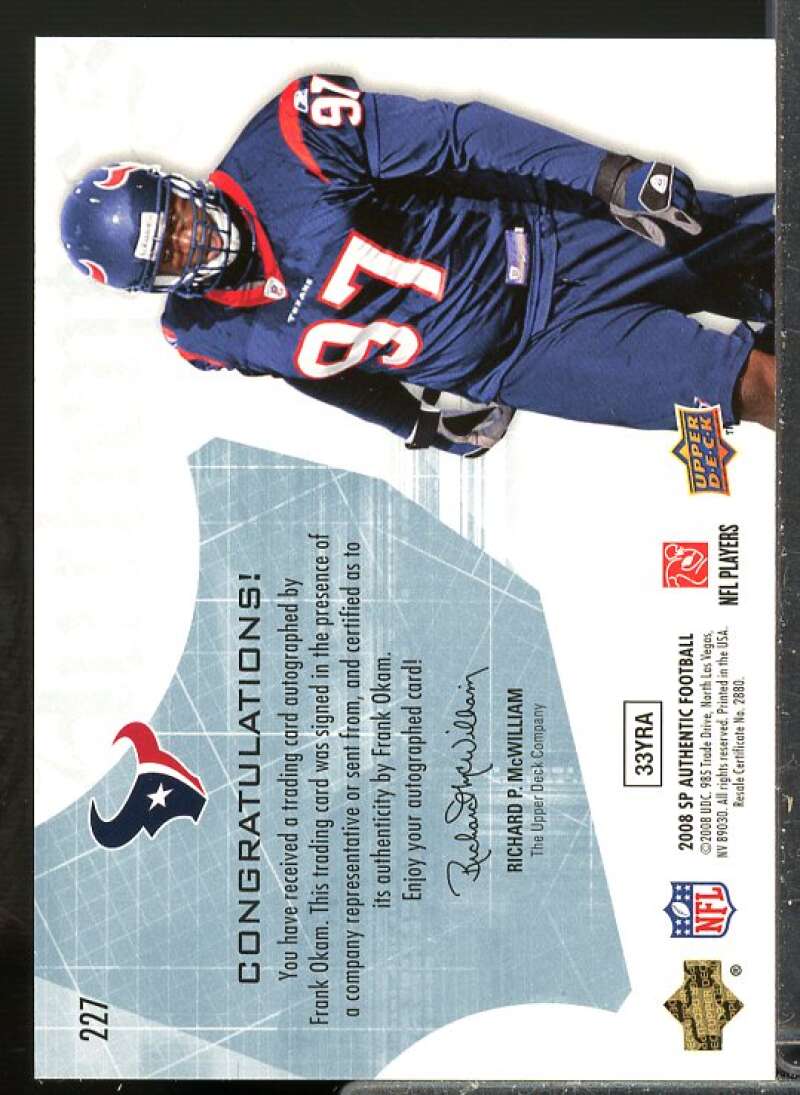 Frank Okam AU Rookie Card 2008 SP Authentic Rookie Signatures #227  Image 2