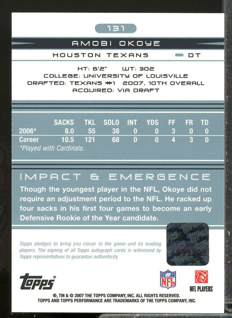Amobi Okoye E Rookie Card 2007 Topps Performance Rookie Autographs #131  Image 2