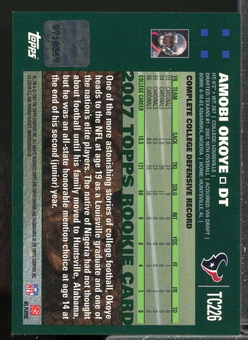 Amobi Okoye G Rookie Card 2007 Topps Chrome Rookie Autographs #TC226  Image 2