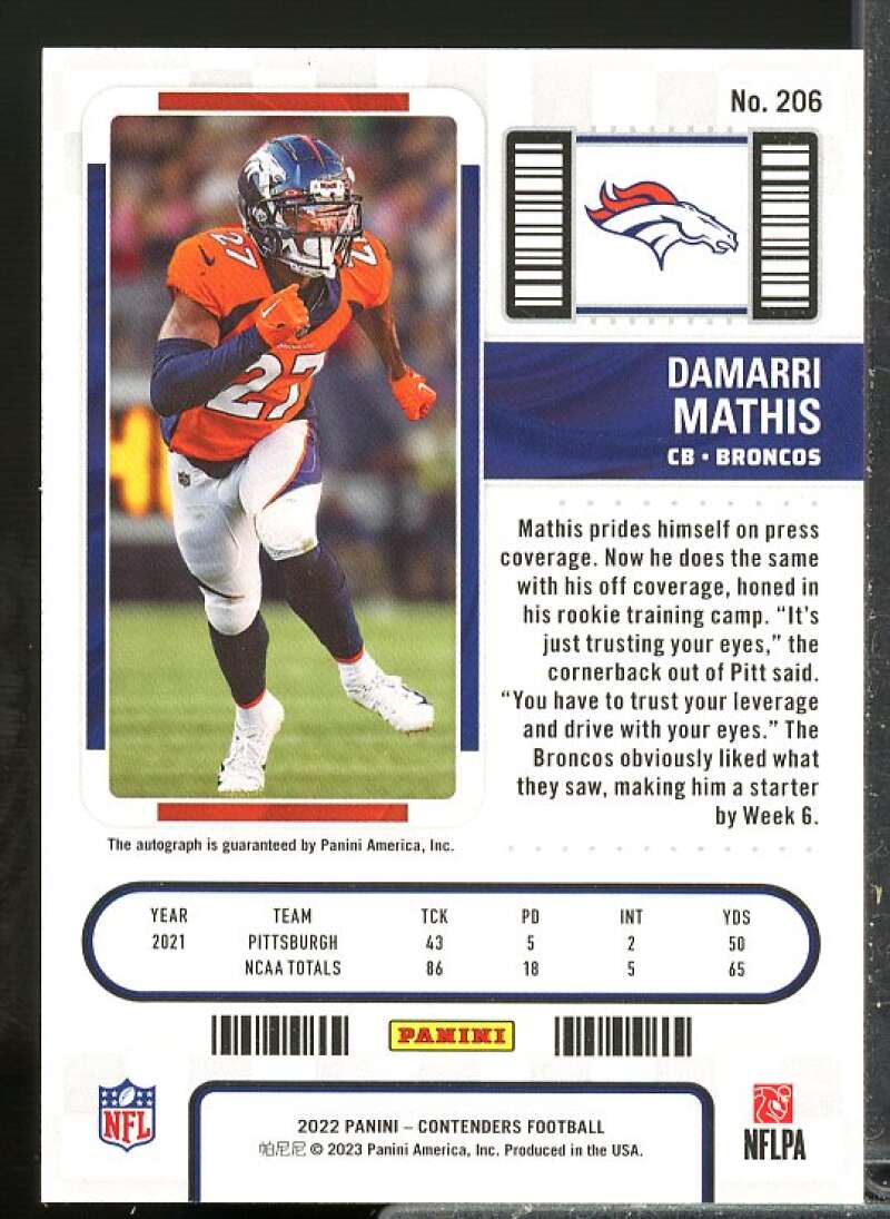 Damarri Mathis AU Rookie Card 2022 Panini Contenders Rookie Auto #206  Image 2