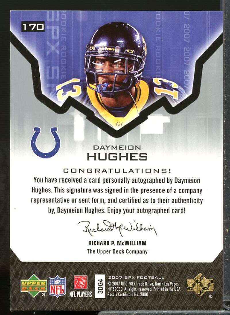 Daymeion Hughes AU Rookie Card 2007 SPx Rookie Auto #170  Image 2