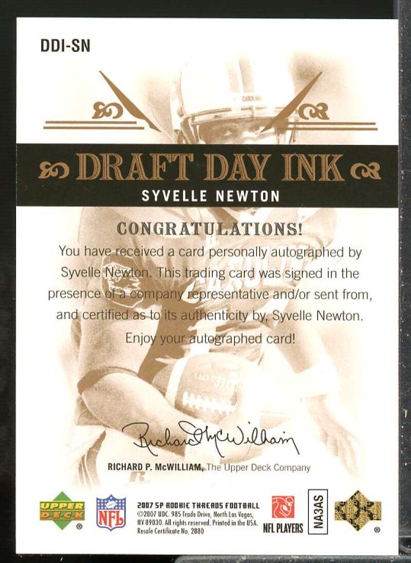 Syvelle Newton Rookie 2007 SP Rookie Threads Autograph Draft Day Ink #DDISN  Image 2