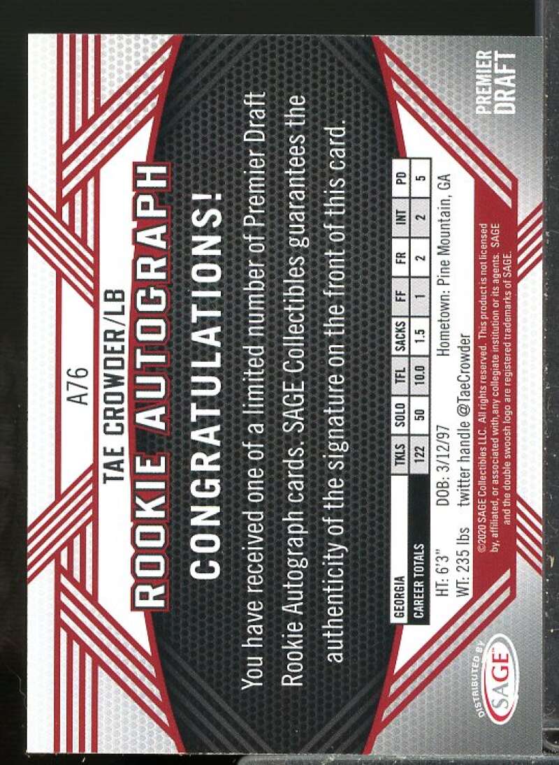 Tae Crowder Rookie Card 2020 SAGE HIT Autographs Gold #A76  Image 2