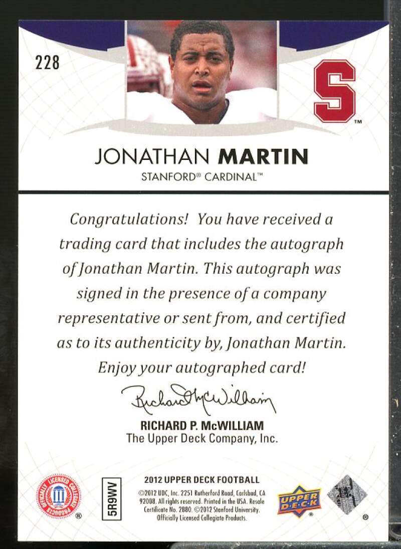 Jonathan Martin Rookie Card 2012 Upper Deck Rookie Autographs #228  Image 2