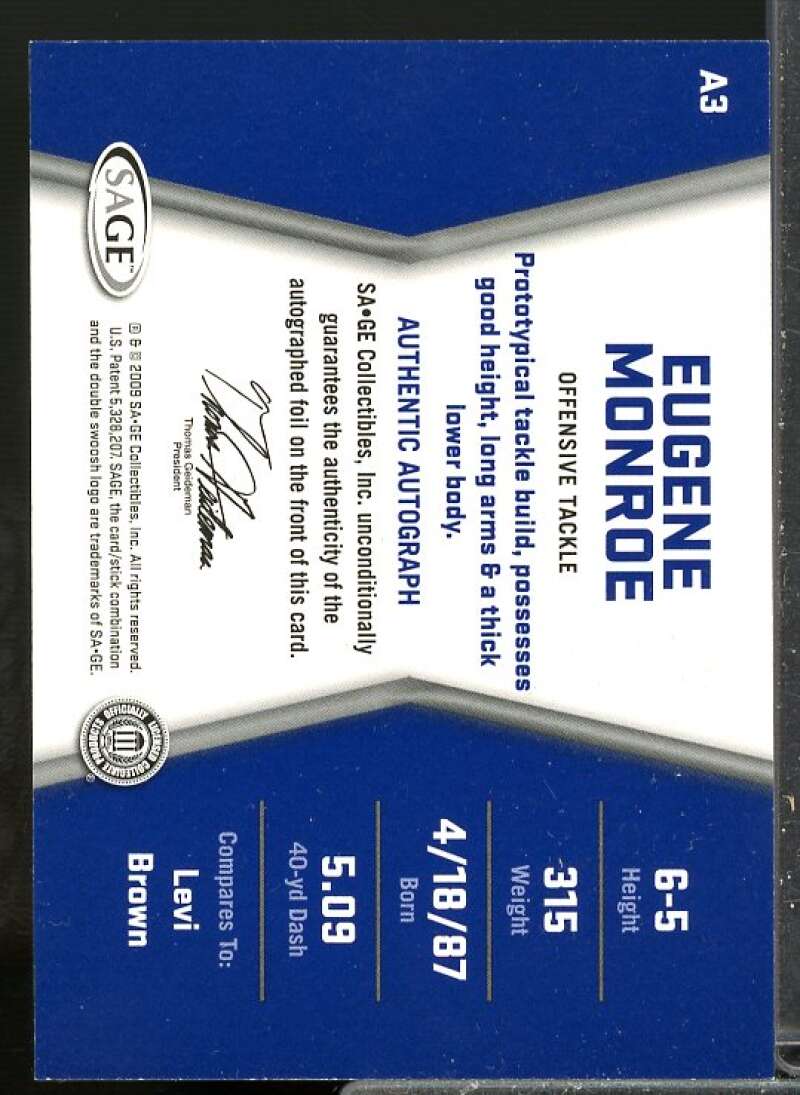 Eugene Monroe Rookie Card 2009 SAGE HIT Autographs Gold #3  Image 2