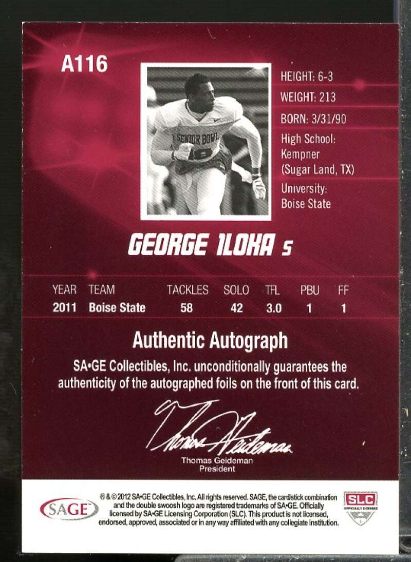 George Iloka Rookie Card 2012 SAGE HIT Autographs Gold #A116  Image 2