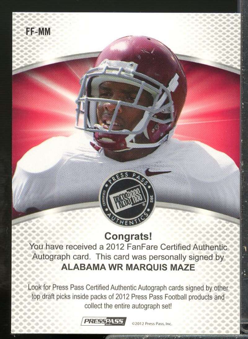 Marquis Maze Rookie Card 2012 Press Pass Fanfare Rookie Autograph Blue #FFMM  Image 2