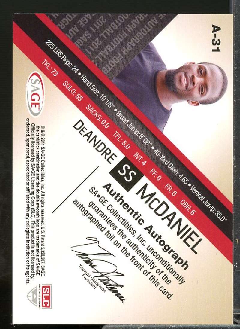 DeAndre McDaniel Rookie Card 2011 SAGE Autographs Gold #31  Image 2