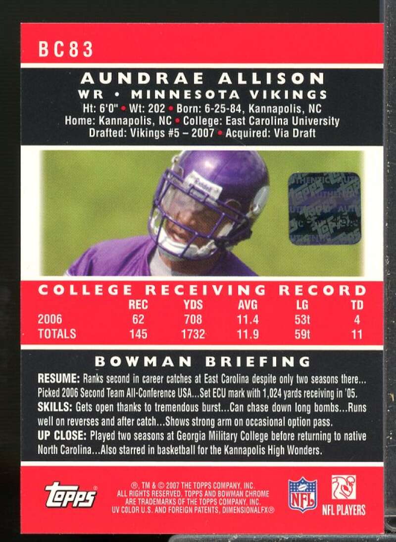 Aundrae Allison G Rookie Card 2007 Bowman Chrome Rookie Autographs #BC83  Image 2