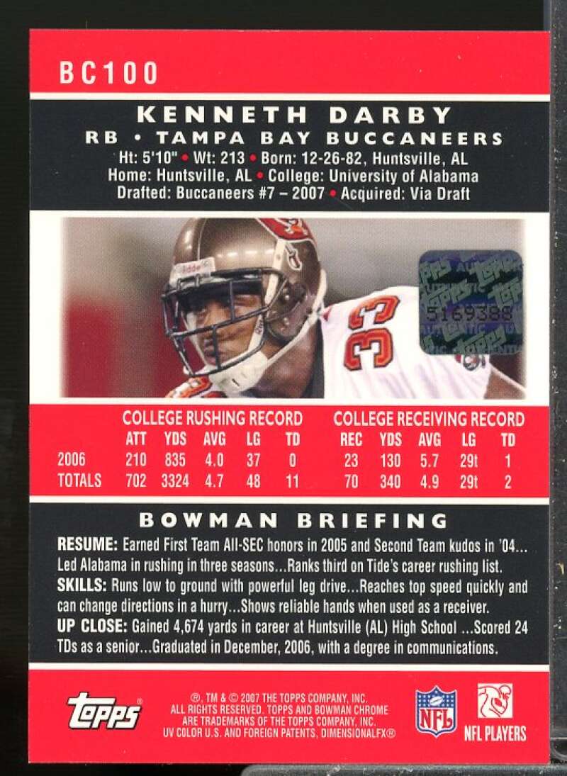 Kenneth Darby L Rookie Card 2007 Bowman Chrome Rookie Autographs #BC100  Image 2