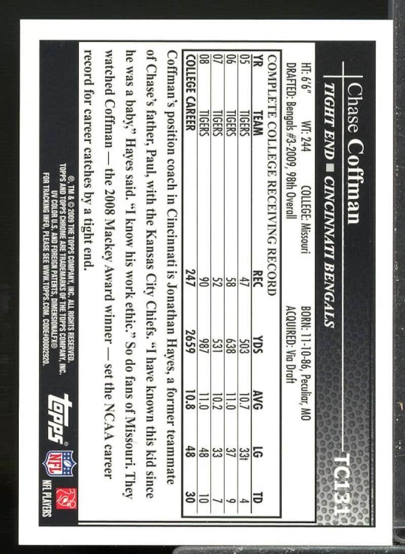 Chase Coffman E Rookie Card 2009 Topps Chrome Rookie Autographs #TC131  Image 2