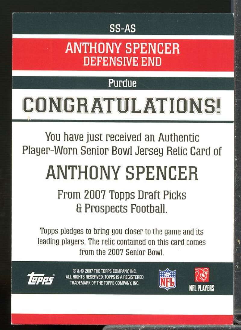 Anthony Spencer 2007 Topps Draft Picks and Prospects Senior Standout Jersey #AS  Image 2