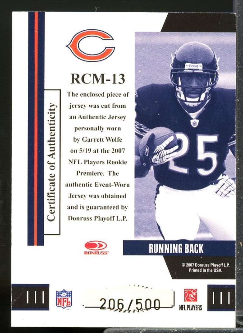 Garrett Wolfe Rookie 2007 Donruss Threads Rookie Collection Jersey Material #13  Image 2