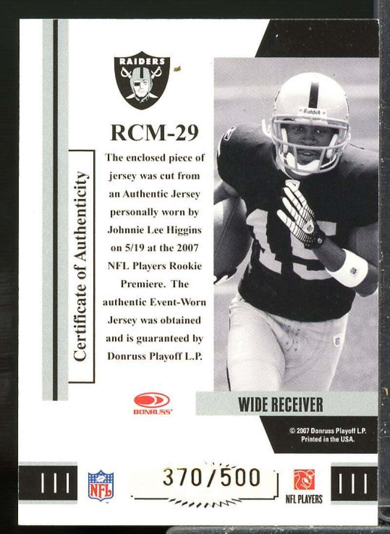 Johnnie Lee Higgins 2007 Donruss Threads Rookie Collection Jersey Materials #29  Image 2