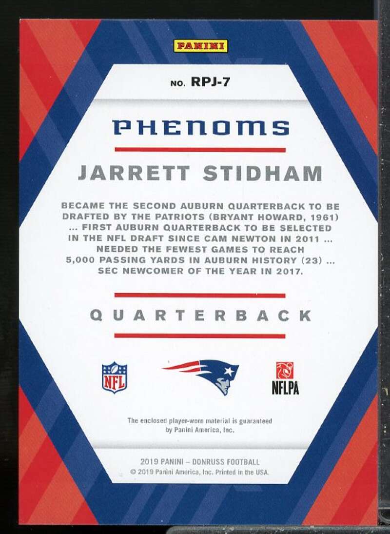 Jarrett Stidham Rookie Card 2019 Donruss Rookie Phenom Jerseys Red #7  Image 2