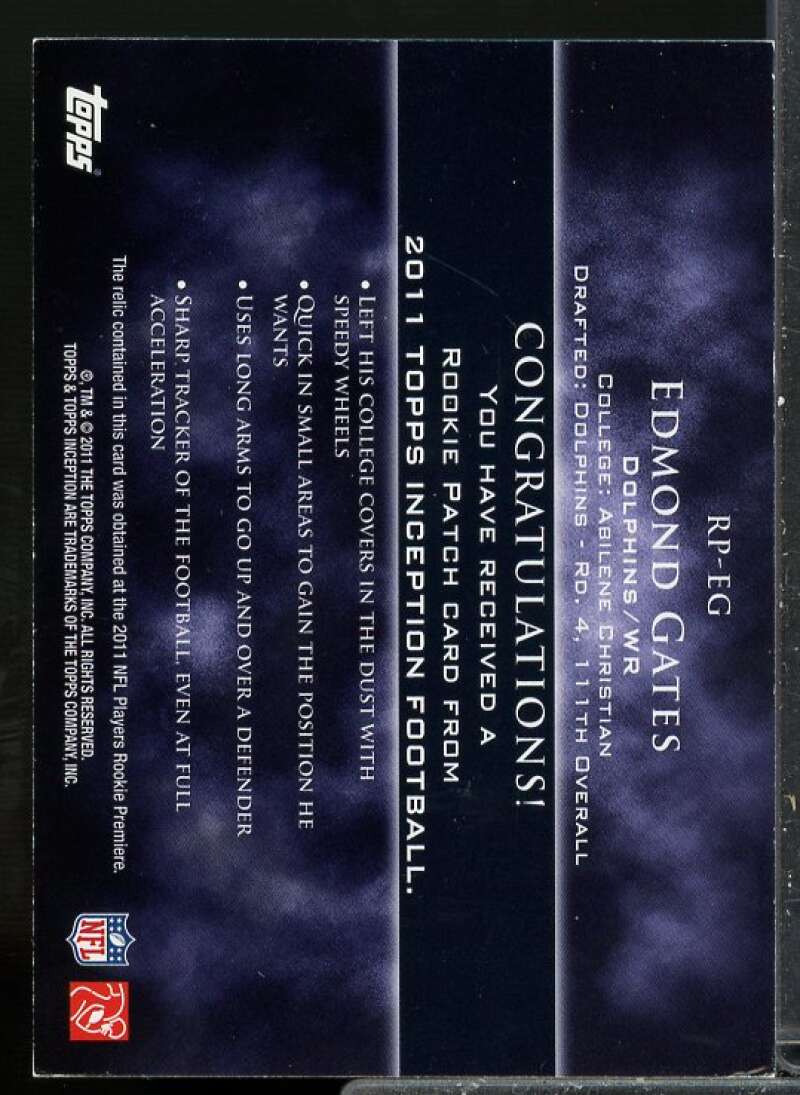 Edmond Gates Rookie Card 2011 Topps Inception Rookie Relics Patch Gray #RPEG  Image 2