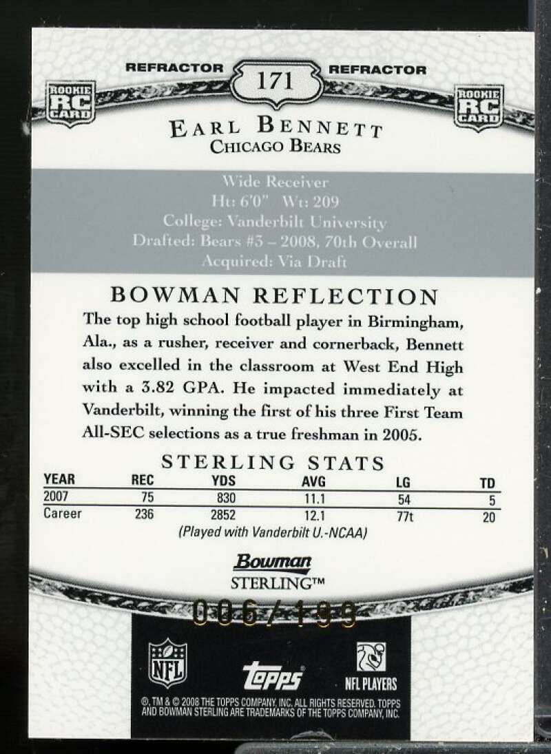 Earl Bennett Rookie Card 2008 Bowman Sterling Rookie Jersey Refractors #171  Image 2