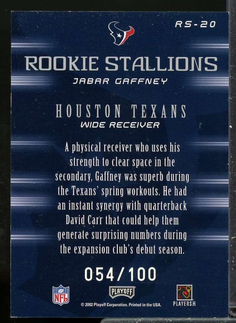 Jabar Gaffney Rookie Card 2002 Playoff Honors Rookie Stallion Autographs #RS20  Image 2