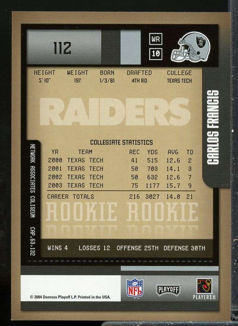 Carlos Francis AU Rookie Card 2004 Playoff Contenders Rookie Autograph #112  Image 2