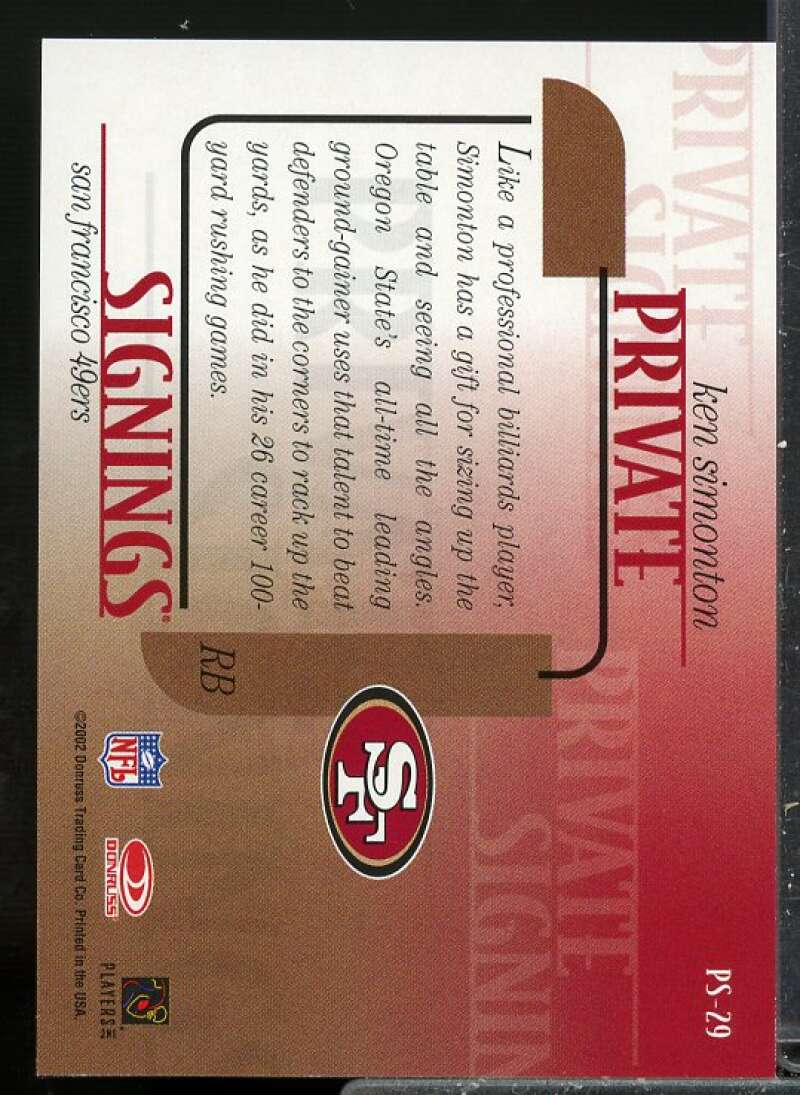 Ken Simonton Card 2002 Donruss Private Signings Rookie Autograph #PS29  Image 2