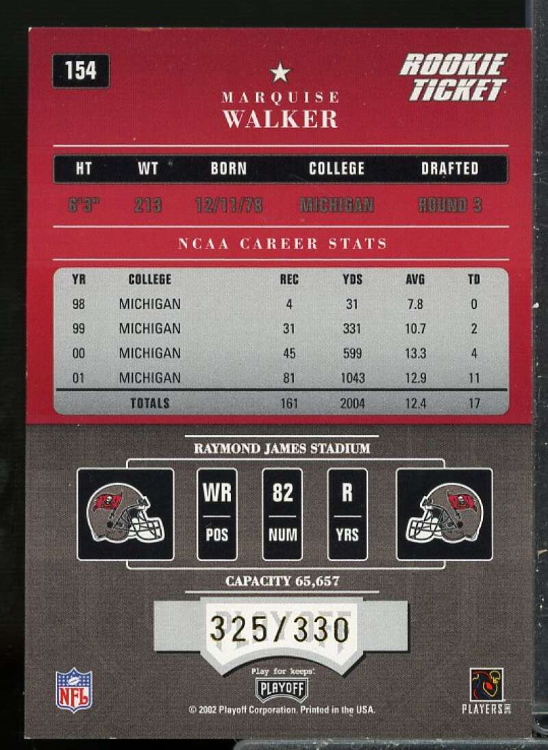 Marquise Walker /330 Rookie Card 2002 Playoff Contenders Rookie Autograph #154  Image 2