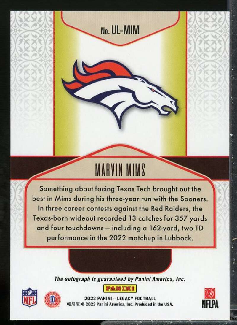 Marvin Mims Rookie 2023 Panini Legacy Under the Lights Rookie Autographs #25  Image 2