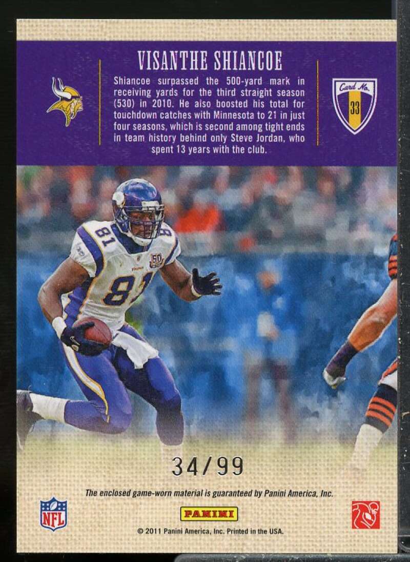 Visanthe Shiancoe 2011 Panini Threads Gridiron Kings 3 Color Material Prime #33  Image 2