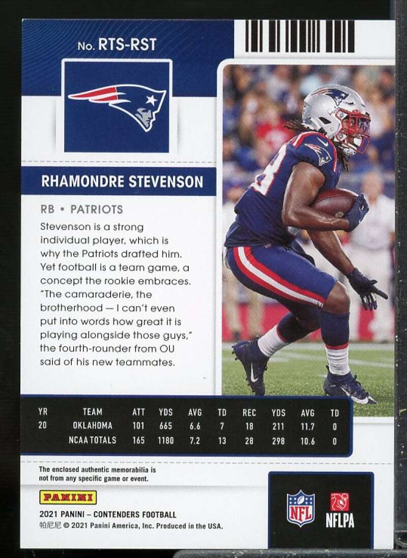 Rhamondre Stevenson Rookie 2021 Panini Contenders Rookie Ticket Swatches #33  Image 2