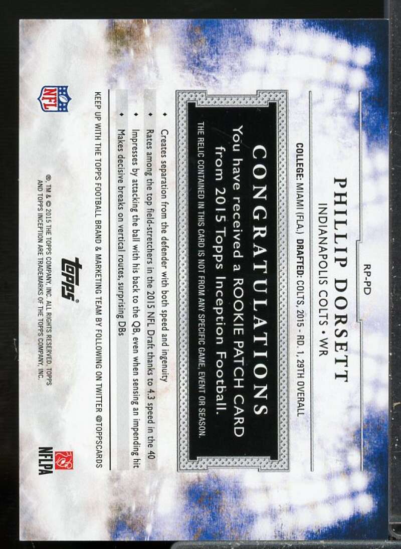 Phillip Dorsett Rookie Card 2015 Topps Inception Rookie Relics Patch #RPPD  Image 2